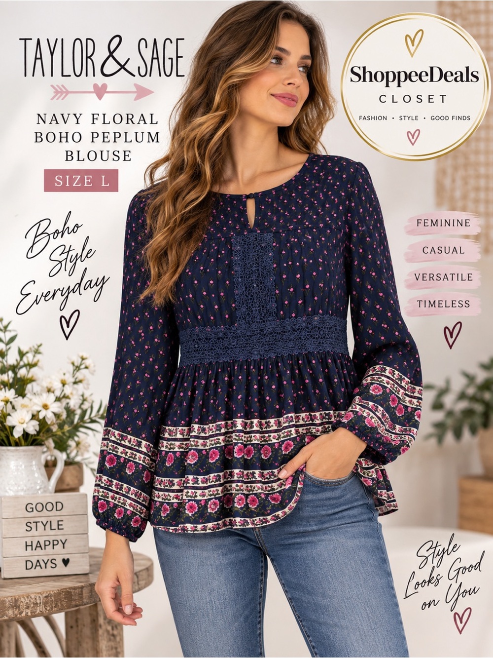 Taylor & Sage Navy Floral Boho Peplum Blouse Size L